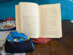 I love how these two quietly work together to encourage a hefty library book to recline stably and securely - while letting me turn pages easily. Note that the Red Linen eCoddle here is an over-sized prototype - see the safety pin in the next picture.