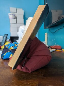 I mean, eCoddles don't even advertise themselves as holders for physical books, but look what they can do. In this case, it took two. But, no offense to Googly-Eyed Banana's great work and enjoyable presence, and wonderful squashability and pattability, but the oversized prototype Red Linen eCoddle could probably have done the bookholding without GEB, together with perhaps a suitably sized rock. Although do not underestimate how mighty a standard-sized eCoddle can be!